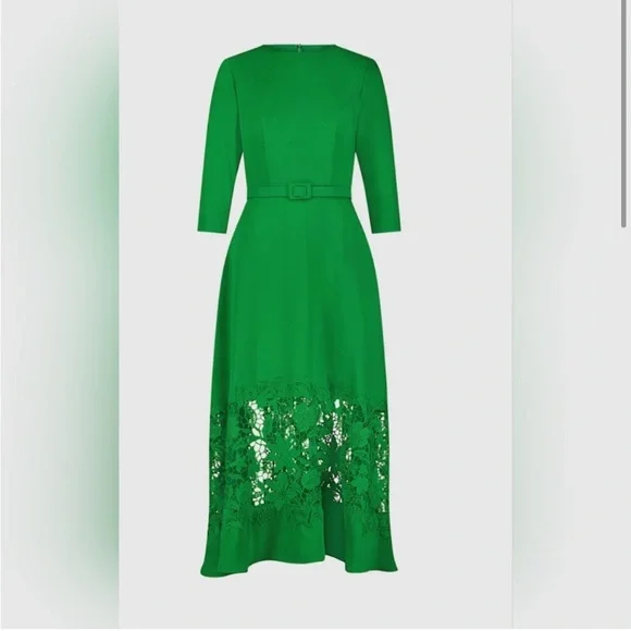 NWOT Mac Duggal Green Crepe Boat Neck Midi Dress With Applique Cut Out Size L - Picture 2 of 13